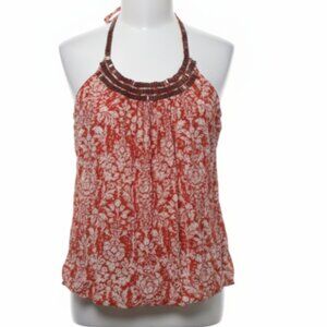 VTG ELLE Halter Top Womens M Red Cream Floral Beaded Neck Backless Boho Tank